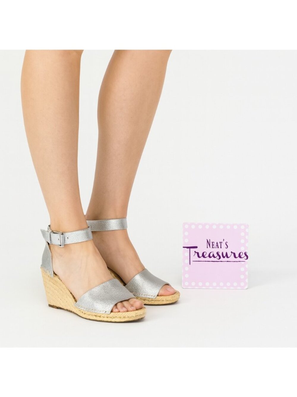 Vince Camuto LEERA Silver Metallic Leather Ankle Strap Espadrille Sandal Sz 7.5